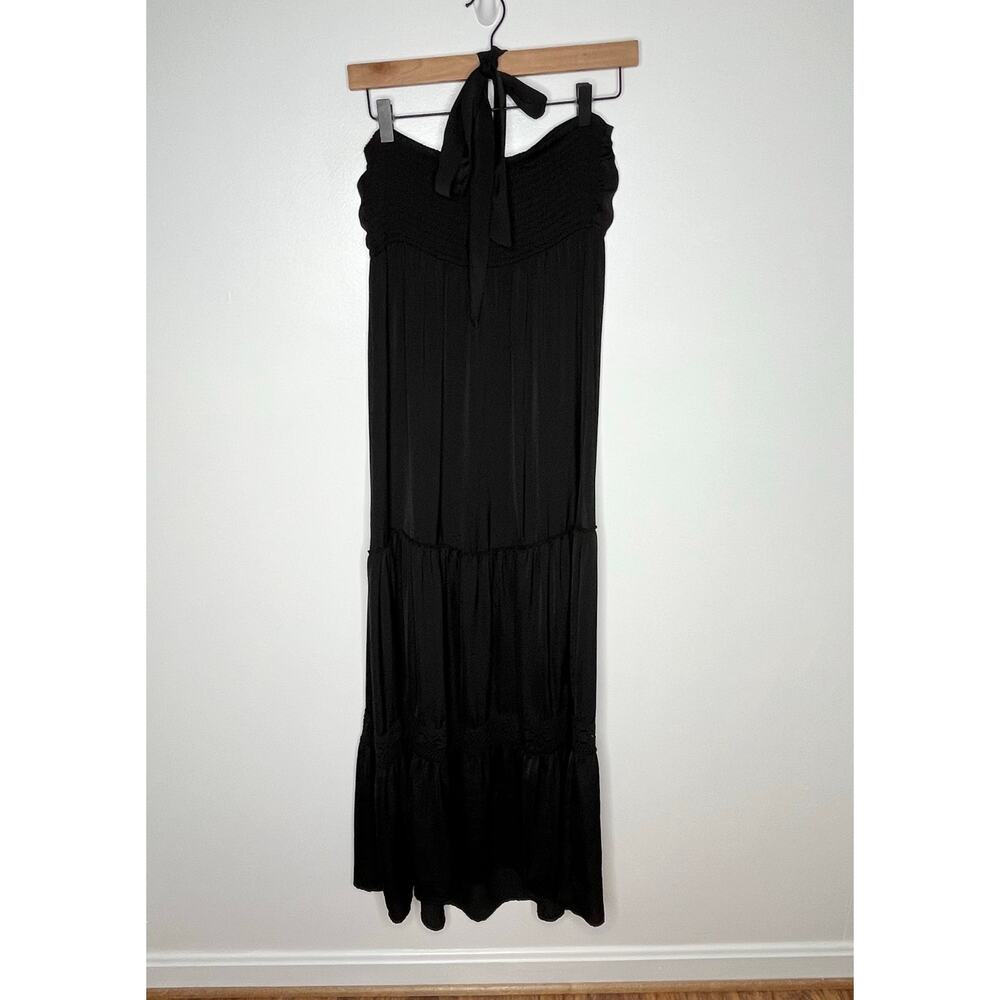 Hale Bob Halter Maxi Dress Small Black Satin Tiered Crochet Detail Smocked - Picture 6 of 6